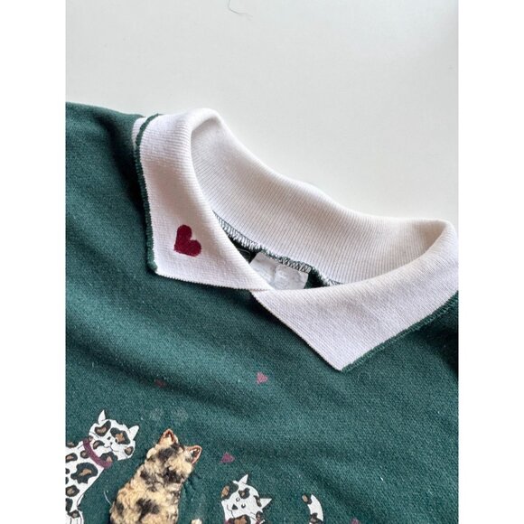 Vintage 90's STYLE STUDIO Dark Green Cat Applique Fleece Sweatshirt, Size L - Picture 8 of 13